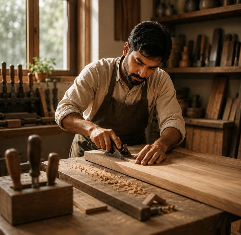 Artisan crafting solid wood furniture by hand in the Hunar Woods workshop